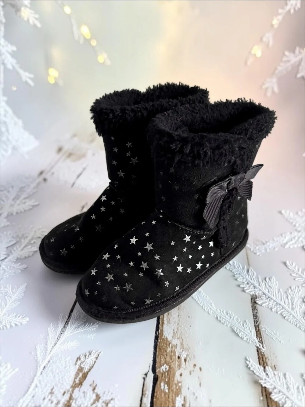 Lily & Dan Black Toddler Girls Star Print Faux‑Suede Winter Boots Size 11/12 EUC